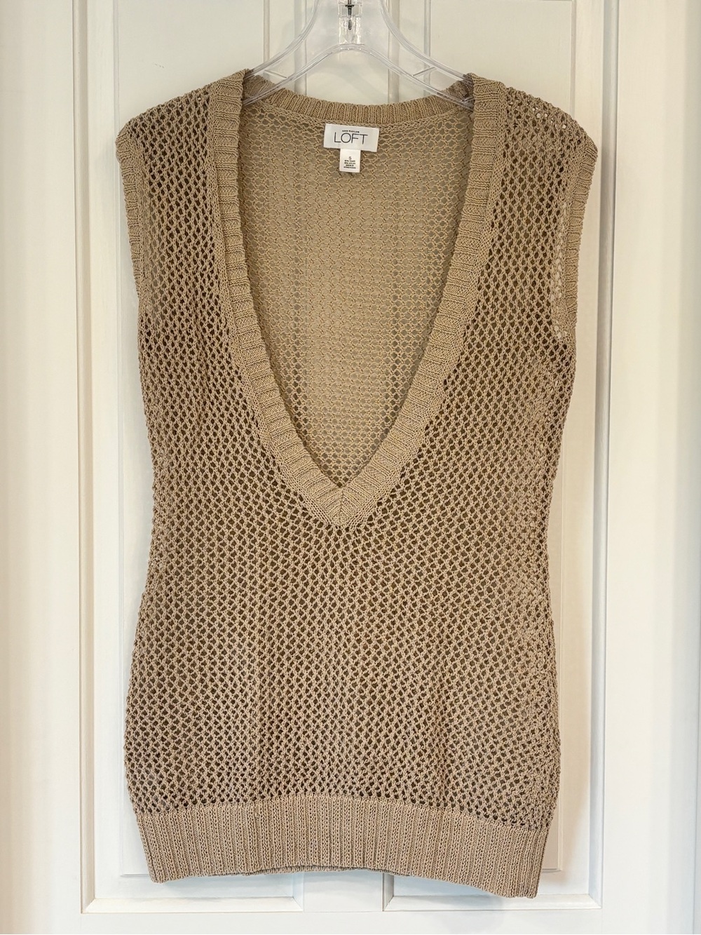 LOFT Beige Open-Knit Mesh V-Neck Sleeveless Sweater Vest Costal Boho Y2K